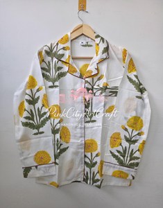 Premium Women's Cotton Floral Hand Block Printed Elegant 2-Piece Night Suit Long Sleeve Notch Collar Button-<b>Down</b> Full-Length - Product Image 3