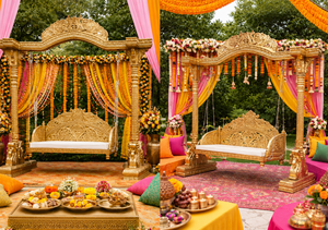 Décoration Mehndi à thème arabe/marocain : Achetez des rideaux et des parapluies colorés pour la décoration de mariage, aménagement de scène haut de gamme - Product Image 5