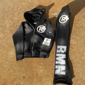 Streetwear personnalisé délavé au soleil patch de broderie en détresse lavage à l'acide pantalon vintage french terry strass pantalon de survêtement évasé hommes - Product Image 3