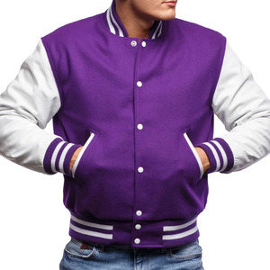 Veste universitaire pour homme de couleur violette avec manches blanches, logo brodé Stay Rad sur la poitrine, coupe classique, idéale pour l'automne - Product Image 2