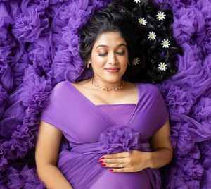 Vestido de Maternidad Largo de Tul Morado Sólido para Sesión de Fotos, Vestido de Maternidad para Fotografía de Embarazo, Talla Grande - Product Image 5