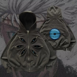 Sweat-shirt à capuche surdimensionné pour homme avec fermeture éclair et motif œil, couleur unie, en coton tricoté, style streetwear - Product Image 5