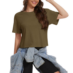 T-shirt décontracté pour femme, vert olive, coupe courte, manches courtes, col rond, coupe ample, 100% coton jersey tricoté, couleur unie - Product Image 4