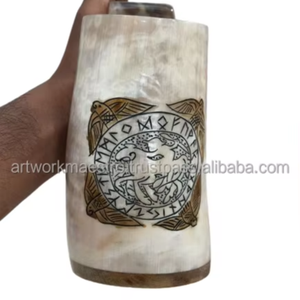 แก้วเขาควายขัดเงา ดีไซน์โลโก้ตัวอักษรยิว ทำด้วยมือ แรงบันดาลใจจากไวกิ้ง ของแท้ ไม่ซ้ำใคร คุณภาพสูง ที่นี่ - Product Image 1