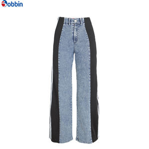 Pantalones de mezclilla de mujer de cintura alta con retazos, de pierna ancha y corte recto, con logo personalizado y franjas laterales, a la moda - Product Image 6