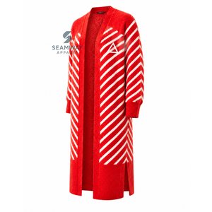 Delta | Sigma | Theta Women's Longline Open Front Cardigan <b>Red</b> White Striped Ribbed Cuffs Embroidered Duster With Side Slit - Product Image 3