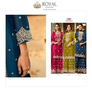 ชุดส่าหรีปากีสถานผ้าไหมชีนอนแท้ปักลายกระจก งานออกแบบแฟชั่นใหม่ทันสมัย เหมาะสำหรับงานเทศกาล - Product Image 2