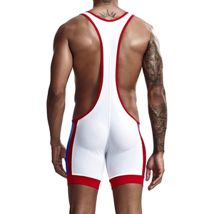 Débardeur de lutte pour homme, blanc, rouge et bleu, à blocs de couleur, ajusté, en Spandex et Nylon, pour l'entraînement aux arts martiaux - Product Image 3