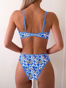 Wholesale blue and white floral 2-piece <b>bikini</b> <b>set</b> with O-ring front Custom low MOQ swimwear manufacturer for US and UK brands. - Product Image 2