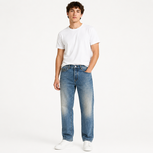 Jean en denim bleu indigo délavé coupe droite décontractée pour homme, finition délavée, logo personnalisé, marque privée, pantalon en denim streetwear - Product Image 1