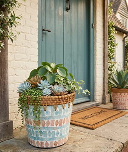 Cesta de mimbre tejida con diseño de incrustaciones de MOP, cubierta decorativa para macetas de interior y exterior, soporte para macetas de jardín estilo boho de Vietnam - Product Image 6