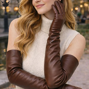 Chocolate Brown <b>Long</b> Leather Women's Wrist Length Winter Warm Soft Breathable Outdoor Party <b>Gloves</b> - Product Image 6
