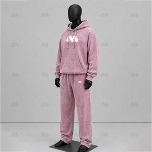 Unisex <b>Pink</b> Hooded <b>Tracksuit</b> <b>Set</b> Cotton Washed Casual Loose Fit Lightweight Drawstring Closure Autumn Full Length Pockets Front - Product Image 6