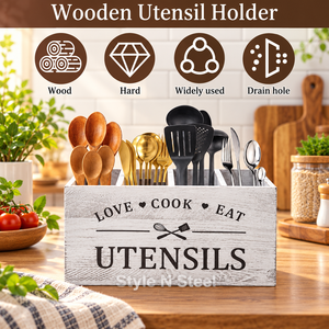 Wooden Kitchen <b>Utensil</b> Holder Countertop <b>Organizer</b> Rack With Drain Hole Farmhouse Style Spoon Fork Spatula Storage Box - Product Image 2