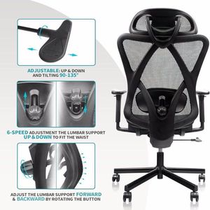 Sedia da Ufficio Regolabile in Rete con Comodo Poggiatesta, Braccioli, Supporto Lombare, Ruote e Funzione di Inclinazione e Regolazione Altezza Schienale - Product Image 5