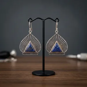 Natural Lapis Lazuli Brass <b>Earrings</b> | Handmade Gemstone <b>Earrings</b> - Product Image 4