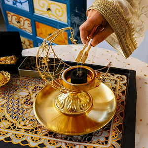 Antique Brass Resin <b>Ring</b> Base Bakhoor Incense Burner Modern Circular Pedestal Metal Mabkhara with Filigree Lid Eid Luxury Gifts - Product Image 6