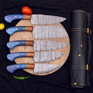 Handmade Damascus Steel Chef <b>Knife</b> <b>Set</b> with Blue Resin and Wood Handle Design Survival Hunting <b>Knives</b> A&M Enterprises - Product Image 6