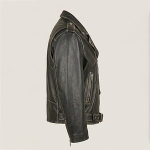 Veste de moto en cuir véritable pour hommes, style motard, col rabattu, fermeture éclair, ceinture, coupe ajustée, pour l'automne et l'hiver - Product Image 3