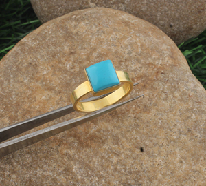 Shree Jaipur <b>Silver</b> 18K Gold Plated Square Turquoise 925 <b>Sterling</b> <b>Silver</b> Flat Band Classic Bezel <b>Set</b> Gemstone <b>Ring</b> Custom Fine - Product Image 3