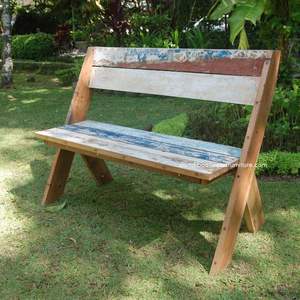 Banc d'extérieur artisanal avec dossier en bois de bateau recyclé couleur naturelle pour jardin, parc, maison – Mobilier démontable - Product Image 3