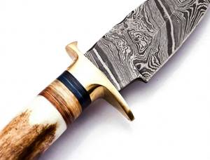 High contrast acid <b>etched</b> damascus steel outdoor heavy Utility <b>Tool</b> Stag Antler and ebony wood Handle Brass Double Guard - Product Image 5
