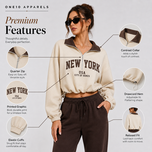 เสื้อสเวตเชิ้ต ONE10 APPARELS รุ่น Brown Quarter Zip คอกลม ผ้าฝ้าย 100% ทรงครอป โลโก้ด้านหน้า ยูนิเซ็กส์ สวมใส่สบาย เหมาะสำหรับฤดูหนาว - Product Image 4