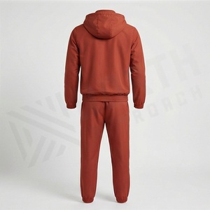 Men's <b>Red</b> Hooded Tracksuit Full Zip Casual Sportswear With White <b>Stripes</b> Side Pockets Polyester Cotton Autumn Wear - Product Image 2