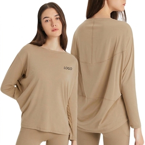 T-shirt de fitness pour femme grande taille à logo personnalisé, séchage rapide, respirant, en nylon, coupe ample, col large, manches longues, vêtements de sport - Product Image 4