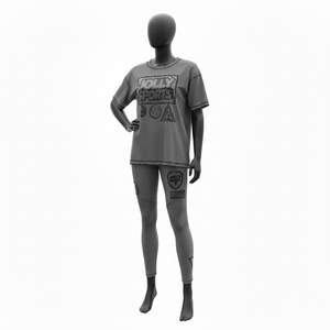 Conjunto de camiseta gris para mujer de algodón y poliéster premium de 180 GSM con logo serigrafiado y leggings con paneles acanalados de 240 GSM. Conjuntos para mujer. - Product Image 4