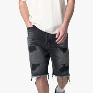 Shorts en jean gris foncé pour homme, coupe droite, taille mi-haute, déchirés, effet usé, écologiques, séchage rapide, imperméables, en coton, décontractés, été - Product Image 4