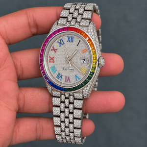 Montre de luxe en quartz Raj Gems, bracelet en acier inoxydable, lunette pavée arc-en-ciel, cadran à chiffres romains, 40 mm, unisexe - Product Image 2