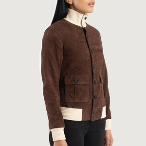 Chaqueta Varsity de Gamuza Marrón para Mujer con Cuello Alto, Manga Larga y Cierre de Botones para Otoño - Product Image 4