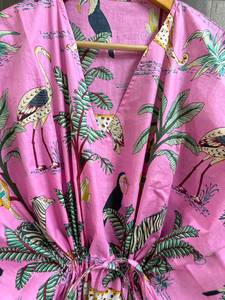 Vestido Kaftán de Algodón con Estampado Floral Rosa para Mujer, Estilo Informal, para la Playa, para el Verano, Estilo Bohemio - Product Image 3