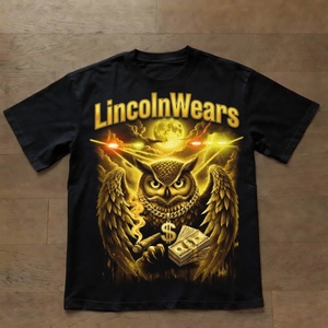 Camiseta Negra Personalizada para Hombre, Estilo Urbano, con Estampado de Búho Dorado y Dinero, Corte Holgado, Cuello Redondo, Algodón Jersey Ecológico - Product Image 1