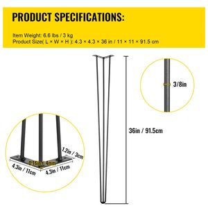 Set 4 Black Hairpin <b>Table</b> <b>Legs</b> 36\" Length 220 Lbs Load Capacity 3 Rods Bench Furniture <b>Legs</b> 36\" Length 220 Lbs Load Capacity 3 - Product Image 4