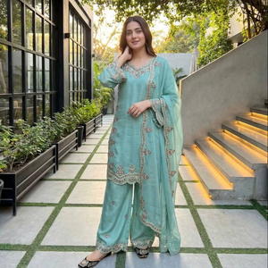 Women Heavy Roman Glass Embroidered Palazzo Suit Set with <b>Sequins</b> Work & Fancy Cut Dupatta - Product Image 1