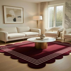 Tapis festonné bordeaux, tapis moderne tufté, tapis minimaliste pour chambre à coucher, tapis rouge vin, tapis à lignes géométriques, décoration contemporaine pour la maison - Product Image 1