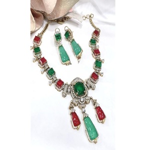 Radiant Premium Quality Gold Plated Moissanite <b>Statement</b> Fusion <b>Necklace</b> Set with Earrings for Wedding & Party Wear - Product Image 1