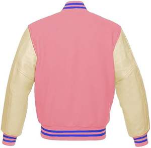 Veste de baseball varsity en cuir véritable avec manches à rayures bleues, en laine rose pâle véritable, type souvenir, broderie personnalisée - Product Image 6