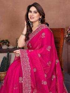 Sari en soie de créateur avec chemisier pour les fêtes, style ethnique indien Bollywood, prêt-à-porter en une minute, pour l'hiver et les festivals - Product Image 2