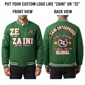 Premium 400 GSM Wool Blend Windproof Unisex Winter Varsity Bomber Jacket <b>Green</b> Rib Knit Custom Embroidered Applique Logos - Product Image 1
