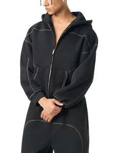 New Arrival Fashion Trend Black <b>Zip</b> <b>Hooded</b> Sweatshirt Contrast Stitching Thick Warm Fleece Fabric Comfortable Autumn Wear - Product Image 4