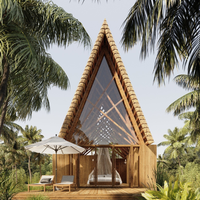 Conception de bungalow pour complexe de glamping, aménagement ouvert, maison préfabriquée de luxe en bambou NB03, villa écologique avec toit en chaume en bois