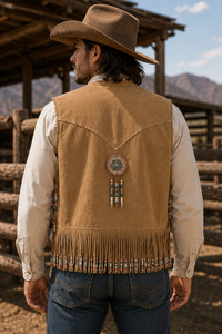 Chaleco de Cuero de Gamuza Estilo Vaquero Occidental para Hombre, Diseño Moderno con Flecos, Gran Venta |   Proveedor de Chalecos de Cuero Hechos a Mano de Primera Calidad - Product Image 4