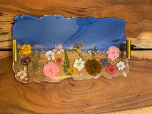 Blue & Gold Resin Tray with Real <b>Pressed</b> <b>Flowers</b> Handmade Blue Gold Resin Serving Tray Marble Effect Decorative Platter - Product Image 2