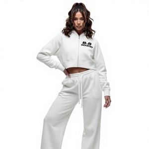 <b>White</b> Cropped <b>Zip</b>-<b>Up</b> Hooded Tracksuit Cotton Fleece Wide Leg Sweatpants Cozy Casual Two Piece Loungewear Outfit - Product Image 1
