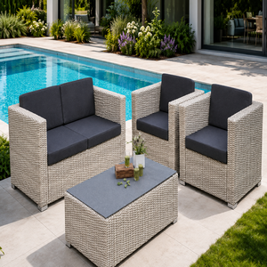 <b>Outdoor</b> <b>Rattan</b> <b>Sofa</b> Set with Dark Gray Cushions Contemporary Garden Furniture for Poolside Use Waterproof PE Wicker Design - Product Image 1
