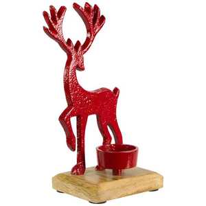 <b>Red</b> Metal Deer <b>Candle</b> Holder with Wooden Base Christmas Tabletop Decor Holiday Ornament Traditional Animal Design Gifts Object - Product Image 1