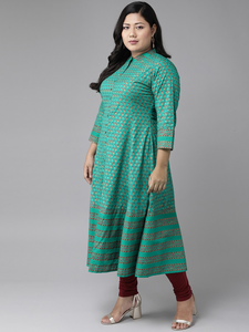 Kurta Anarkali en coton vert à motifs floraux, grande taille, col mandarin, manches trois quarts, confortable pour le quotidien, vente en gros - Product Image 4